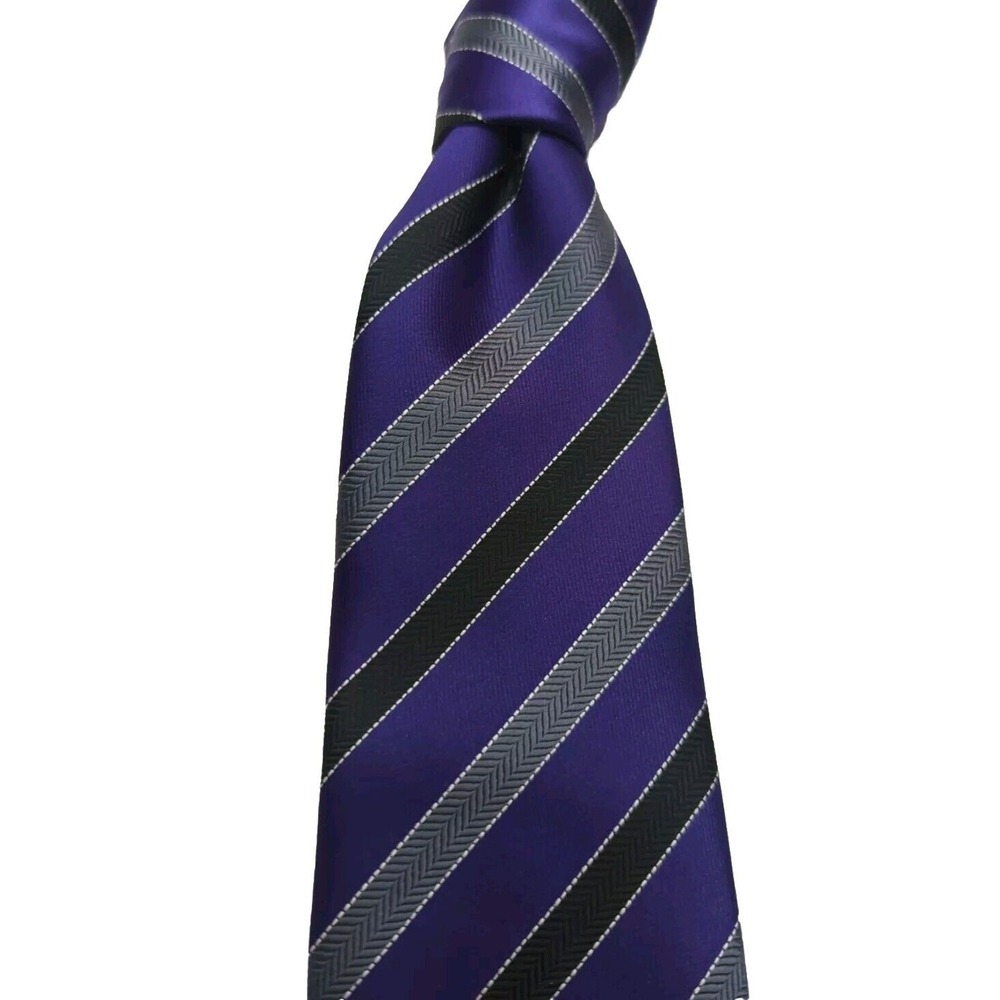 Imani Uomo Repp 100% Silk‎ Tie Purple, Gray And Black Striped 60" X 3.5"